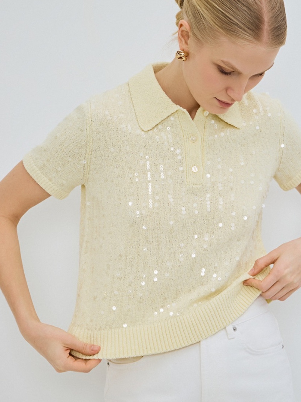 Zara Yellow Sequin Polo Knit Top - Women